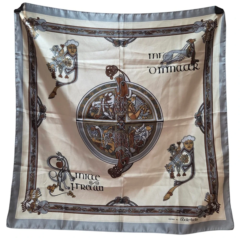 The Book of Kells Inspired Celtic Knotwork Square Scarf Cream Grey Gold Scarf